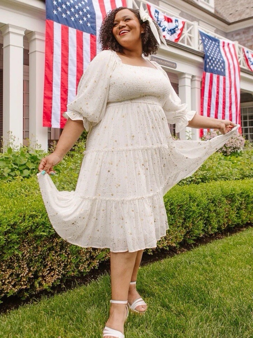 Ivy City Co White Midi Dress with Gold Star Print